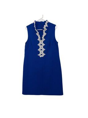 J Howard Womens Royal Blue Sleeveless Shift Dress White Embroidered Size 14